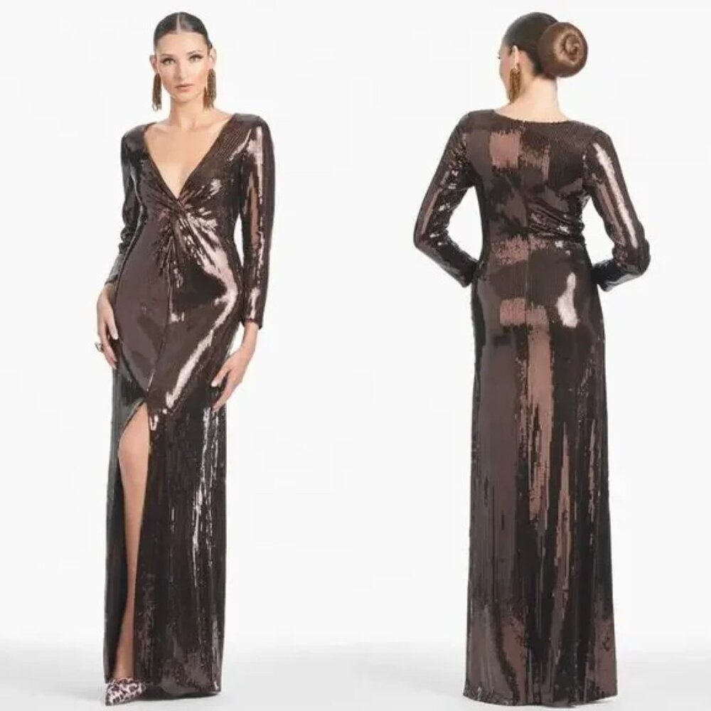 Sachin + Babi Bronze Sequin Long-Sleeve Gown with Twist Front